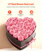 Forever Flowers, 27 Preserved Roses In A Heart Shape Box, Eternal Flowers Immortal Bouquet Birthday Present For Women Her Wife Mothers, Anniversary, Valentine's Day,Christmas, Pink