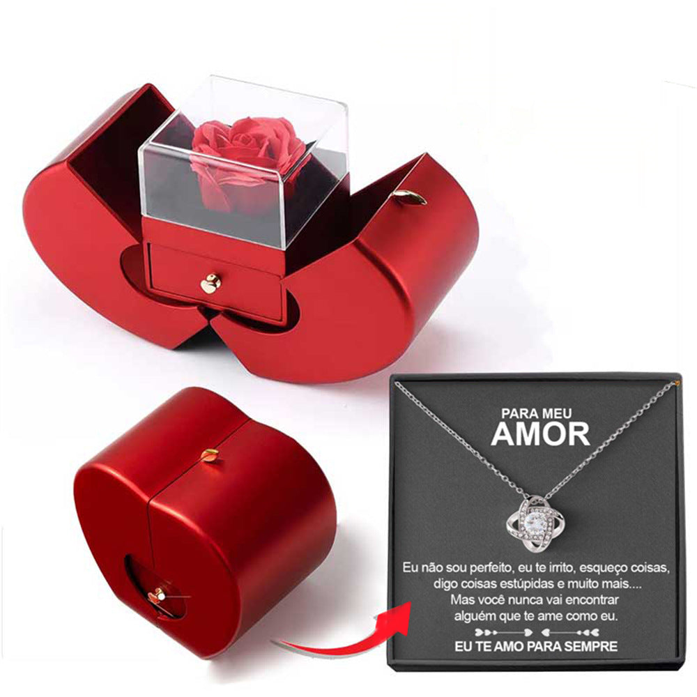 Fashion Jewelry Box Red Apple Christmas Gift Necklace Eternal Rose For Valentine's Day Gifts With Artificial Flower Rose Flower Jewelry Box
