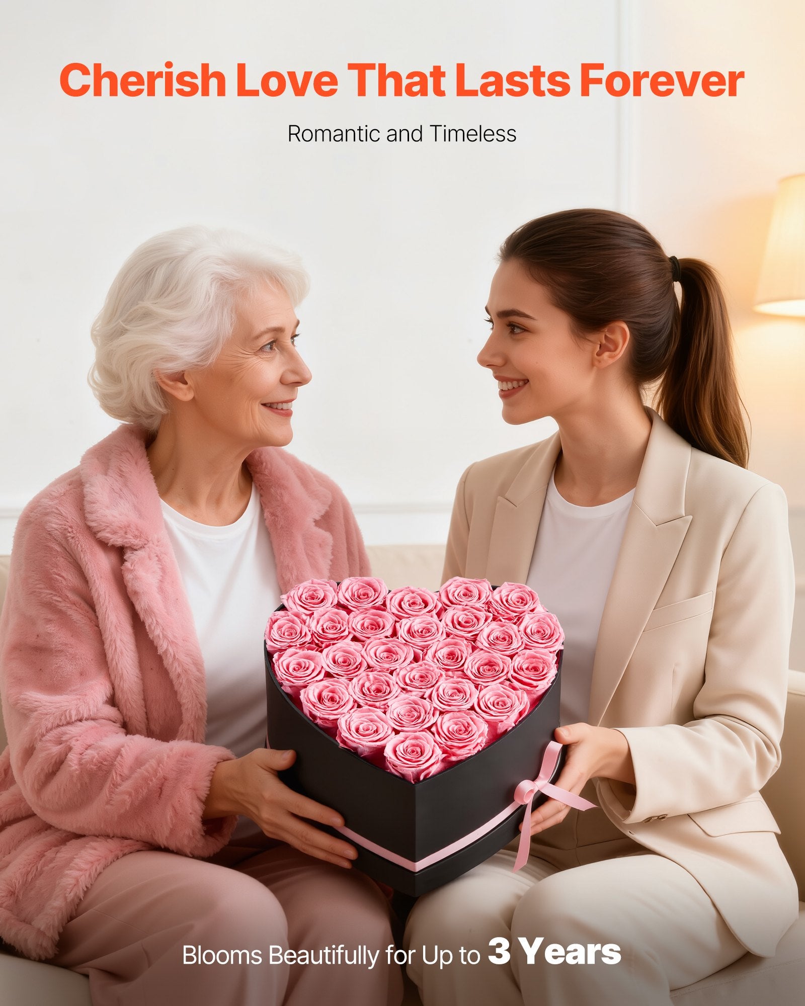 Forever Flowers, 27 Preserved Roses In A Heart Shape Box, Eternal Flowers Immortal Bouquet Birthday Present For Women Her Wife Mothers, Anniversary, Valentine's Day,Christmas, Pink